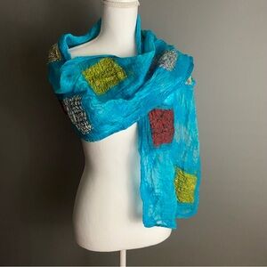Pomegranate Moon Teal Patchwork Handmade Nepal Felted Wool Silk Scarf